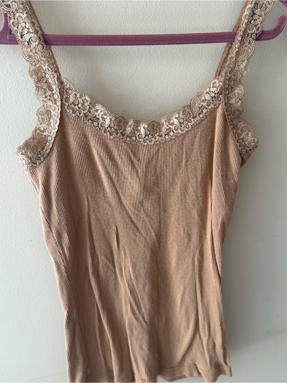 Forever 21 Y2K tan Lace Trim Cami Tank Top Ribbed Stretch Fitted Size S